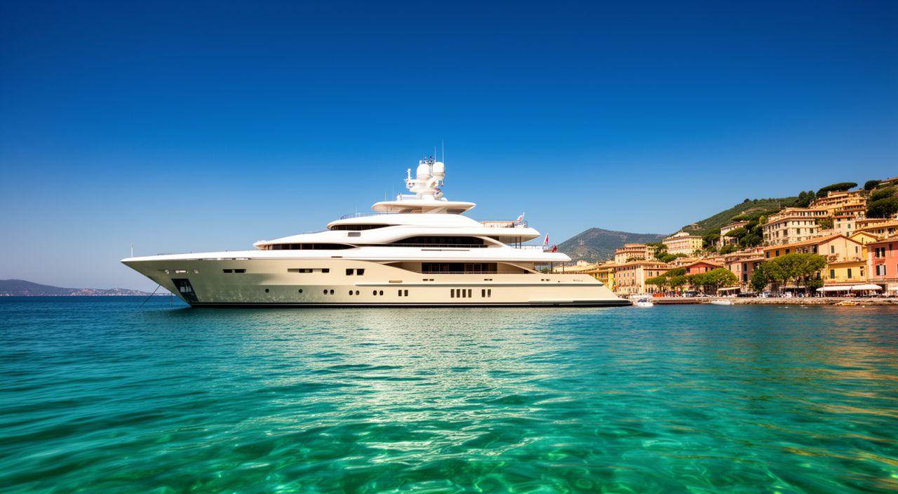 Lussuoso yacht all'ancora nella baia di Portofino con cielo azzurro e mare cristallino